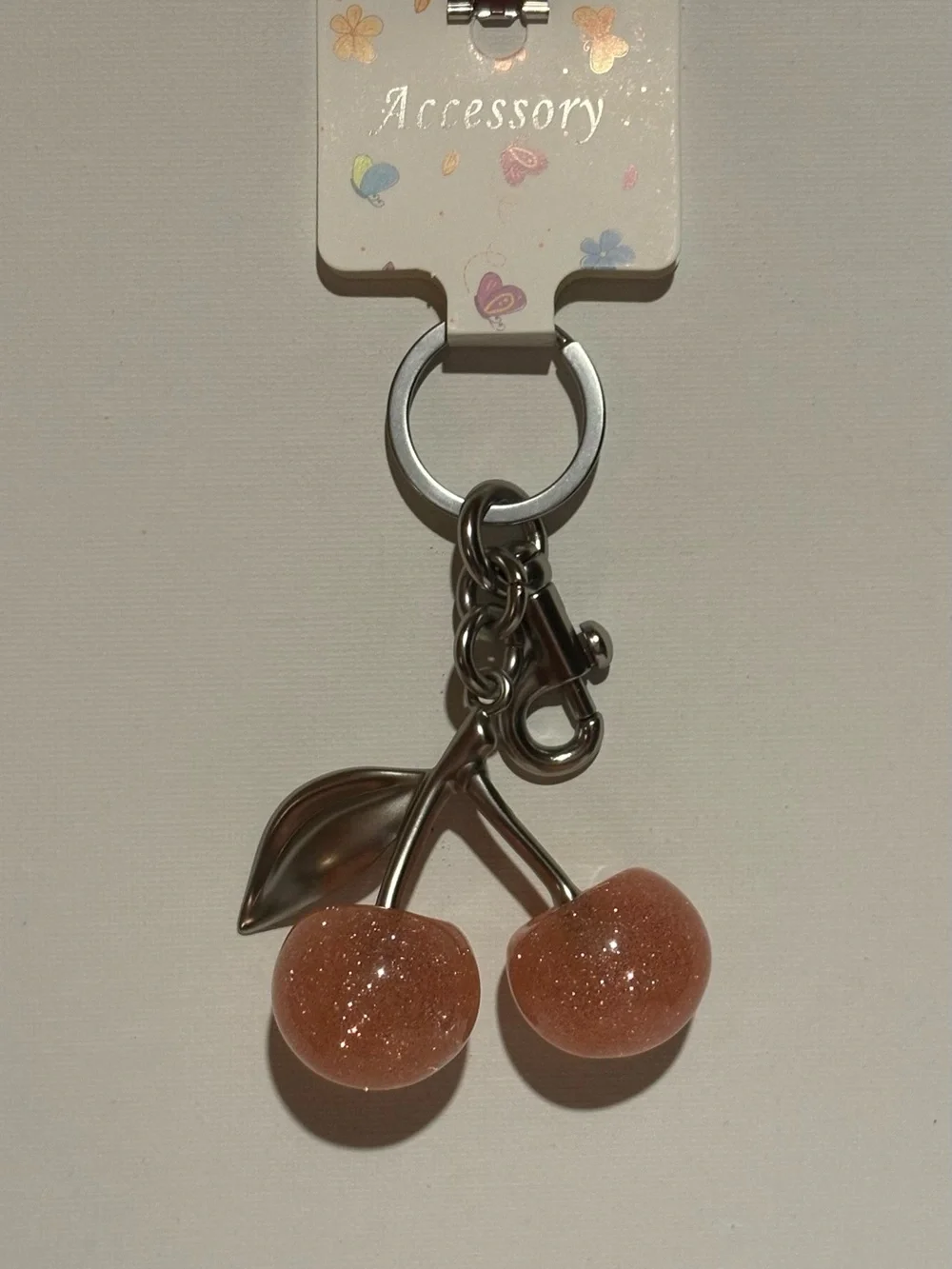 Pink Sparkling Cherries w/Silver Leaf Bag Charm - nwot